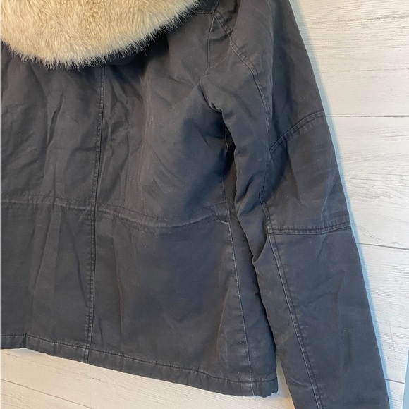 TOP SHOP Women Black Cotton Hooded Parka Jacket Sz 14 Faux Fur Lined Gold Zipper - Picture 12 of 13